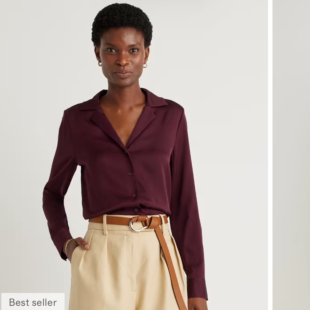 Quince NWT Stretch Silk Notch Collar Blouse Wine Tasting Button-Down Shirt Sz L